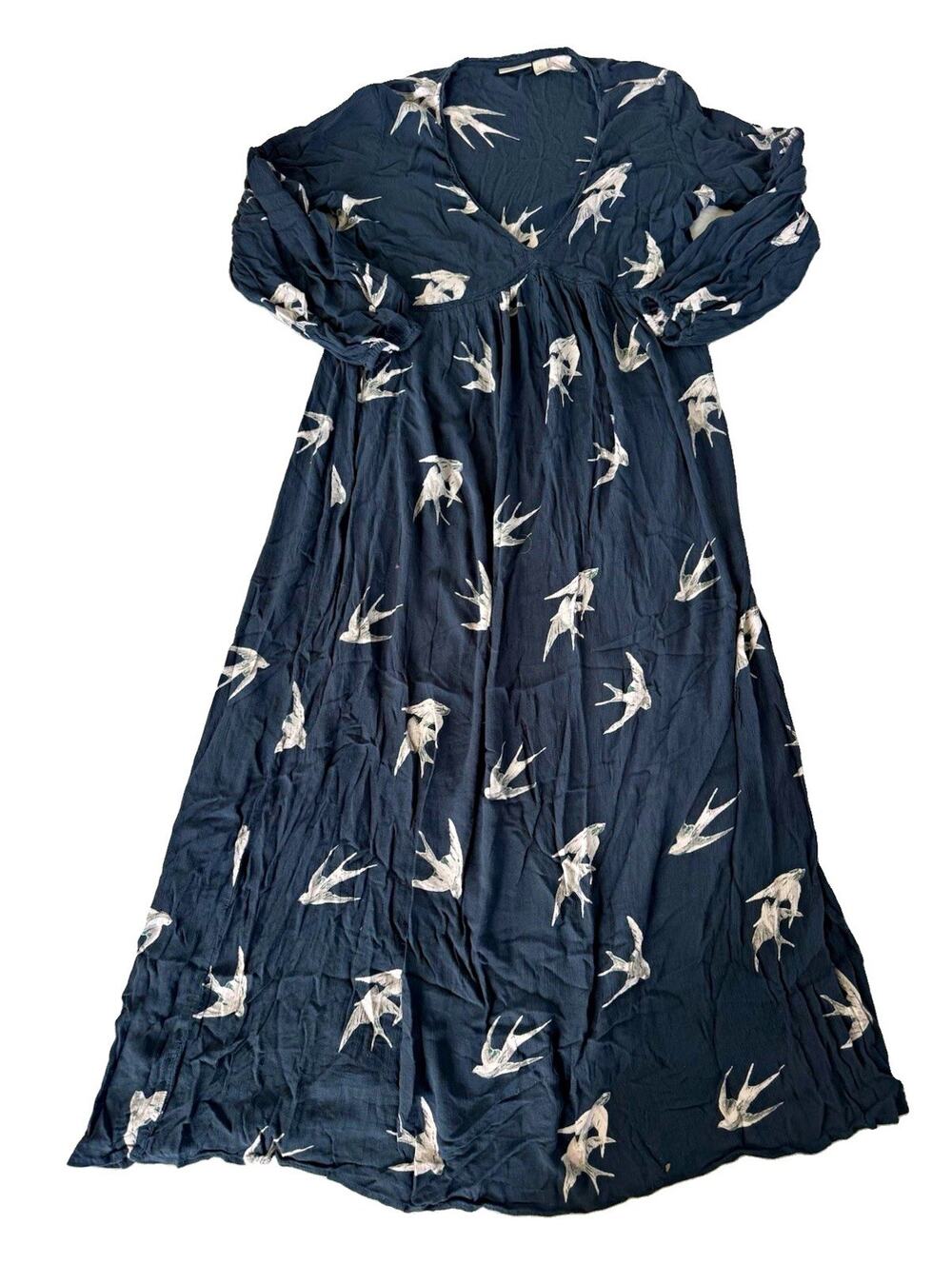 Hinge Gray White Bird Print Maxi Dress Long Sleeve V-Neck Women's XS Flaw